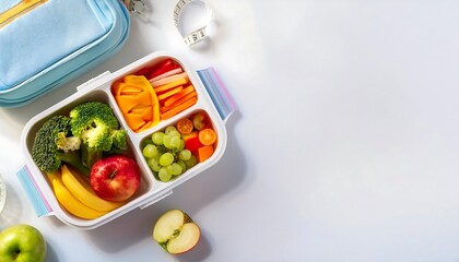 Photo of a child's lunch box with food on the table and there are school supplies, empty space for text. back to school and healthy food themes. Wallpapers.