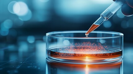 Close-up of a pipette dispensing liquid into a petri dish on a laboratory table, highlighting scientific research and innovation.