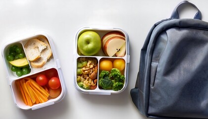 Photo of a child's lunch box with food on the table and there are school supplies, empty space for text. back to school and healthy food themes. Wallpapers.