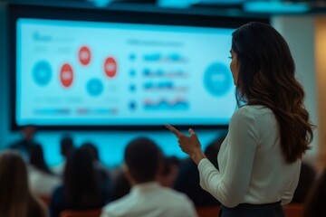 A confident woman stands before an audience, presenting data on a screen. She engages the crowd with a focused demeanor. This captures a modern business presentation. Generative AI