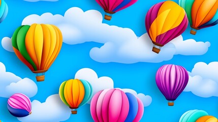 A colorful hot air balloon scene with many balloons flying in the sky. The balloons are of different colors and sizes, and they are scattered all over the sky. Concept of freedom and joy