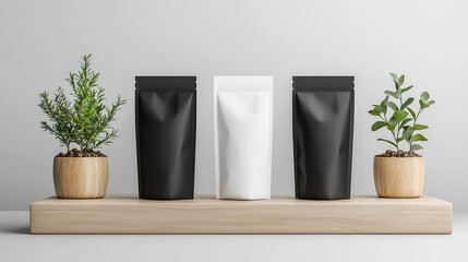 Stylish minimalistic scene with black and white packaging alongside potted plants on a wooden shelf. Perfect for product display.