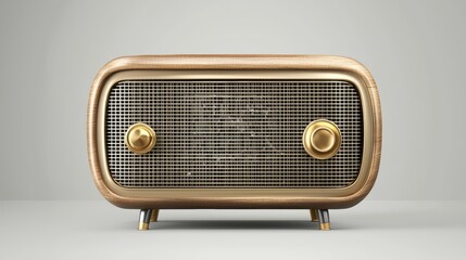 Vintage radio with a classic design, featuring brass knobs and a mesh speaker grille, perfect for nostalgic interiors.