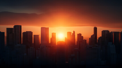 Obraz premium Urban high-rise buildings with a sunset backdrop