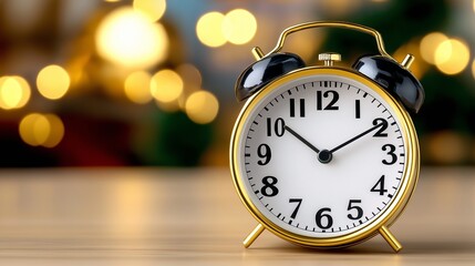 A gold and black alarm clock with the time of 10:30 on it. The clock is on a wooden table
