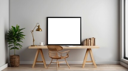 Minimalist Home Office with Empty Frame and Wooden Desk