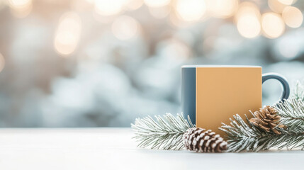 A cozy winter scene featuring a decorative mug, pine branches, and cones, perfect for holiday-themed content.