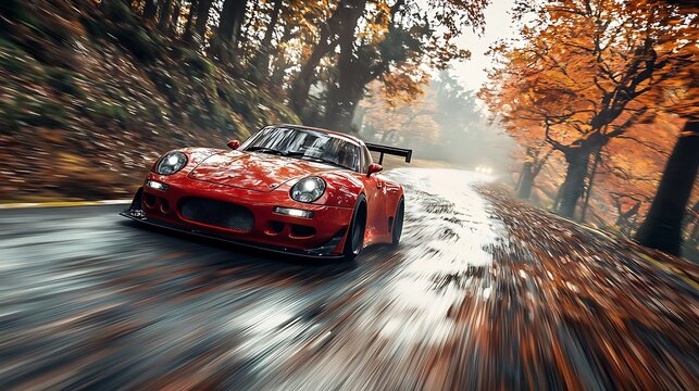 A red sports car speeds through an autumn forest road, the vibrant leaves a blur of motion.