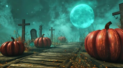 Teal moon illuminates rosewood-colored pumpkins in a spooky graveyard backdrop.