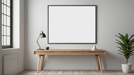 Minimalist Interior with Blank Framed Artwork and Wooden Desk