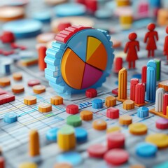 3D Illustrator about charts, statistics, stocks, marketing, cute style, pastel color tones.