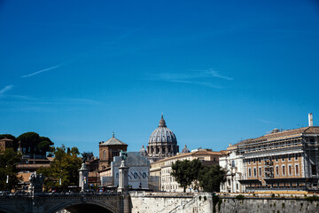 View to the city from  Saint Angelo bridge on  Tiber river near to Saint Angelo castle, Rome, Italy