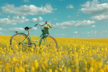 Obraz premium A vintage bicycle rests in a bright yellow field under a blue sky. This image captures a moment of peace and joy. Perfect for outdoor lovers and travel themes. Generative AI