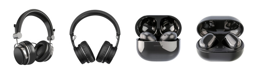 Set of black wireless headphones and earbuds with charging cases

