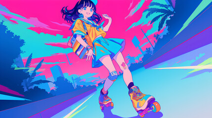 Obraz premium a girl playing roller skating in the park, anime style, cute kawaii, simple, smiling happy, neon psychedelic background