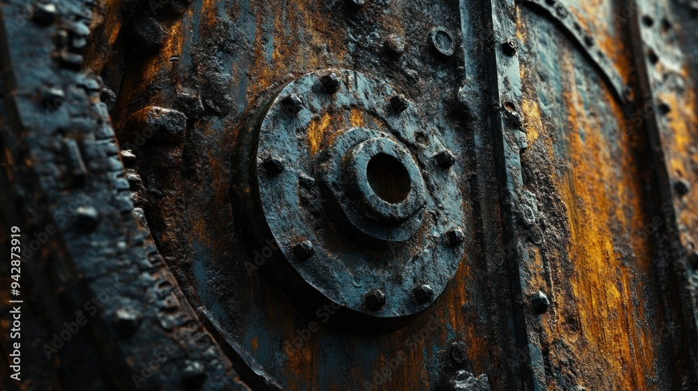 Poster close-up of rusted metal surface with circular detail