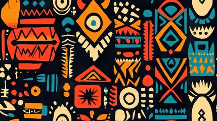 Obraz premium seamless pattern, Vibrant abstract pattern featuring colorful shapes and designs on a dark background, perfect for artistic projects.