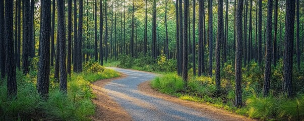 Bicycle path winding through a pine forest, inviting and serene