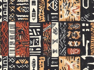 seamless pattern, Vibrant tribal pattern featuring bold geometric shapes and rich colors, perfect for cultural and artistic projects.
