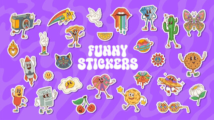 Retro funny groovy stickers. Vector set of cartoon quirky characters and psychedelic objects. Camera, pizza, peace sign, and rocket, cactus, butterfly, rainbow and star. Dove flaming heart and cat © Vector Tradition