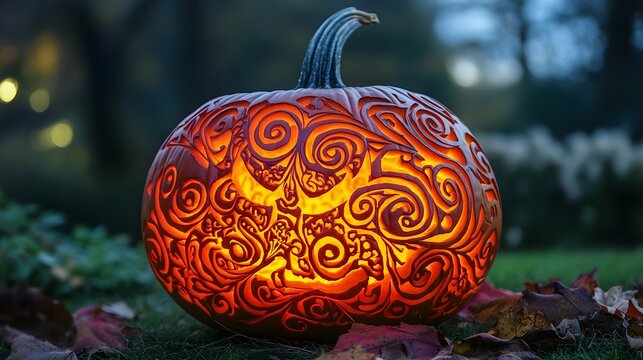 Creatively carved pumpkin with intricate patterns illuminated from within