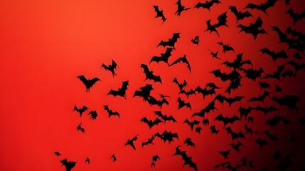 Fototapeta premium Wall of bats in a stark black silhouette against a blood-red background