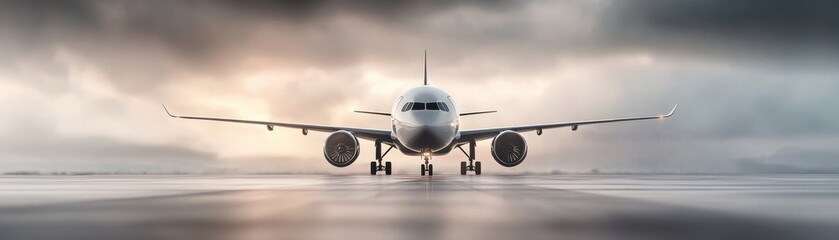 Fototapeta premium A modern airplane on a runway, ready for takeoff under a dramatic sky filled with clouds.