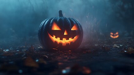Creatively carved pumpkin with a spooky face glowing on a foggy night