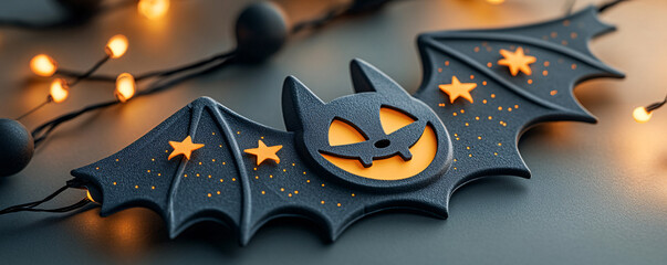 Decorative bat with glowing eyes and stars, perfect for Halloween celebrations and themed events.