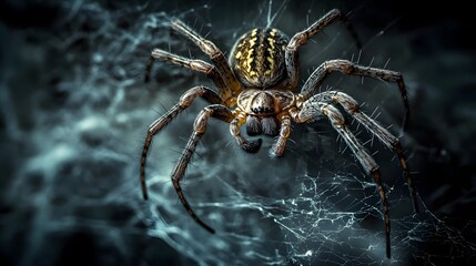 Oversized spider hanging from a web in a dark corner with eerie lighting