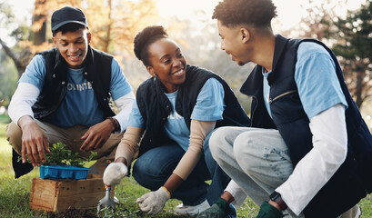 Enivronment, group and volunteer on earth day, teamwork and ecology with climate change. Nature,...