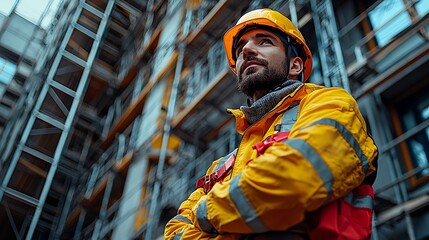 A worker adjusting their safety helmet before beginning work on a towering scaffolding structure 