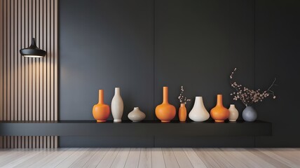 Modern minimalist interior with dark gray wall, floating shelf, and colorful vases.