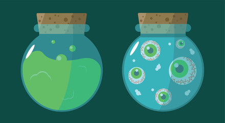 Glass flasks with witch potion and eyes. Concept for Halloween and other holidays.