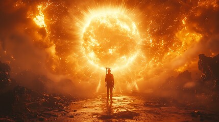 Obraz premium A powerful image of a worker holding a hammer aloft, surrounded by rays of light as a symbol of strength and determination 