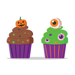 Halloween cupcakes with eyes and pumpkin. Holiday and party food concept. Vector illustration.