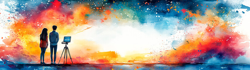 Vibrant Watercolor Scene: Influencers Creating Social Media Campaign Content with Props and Digital Equipment