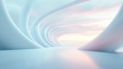 A long, white hallway with a blue sky in the background