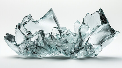 A shattered piece of glass with sharp, jagged edges, isolated on a white background