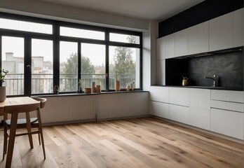 Fototapeta premium Modern Kitchen Interior with Large Window and Wooden Floor