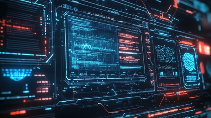 Futuristic HUD Interface with Glowing Blue and Red Lines - Digital Technology Background