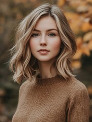 Autumn portrait of a young woman with long wavy hair sitting by a window surrounded by fall foliage and warm light in a cozy setting