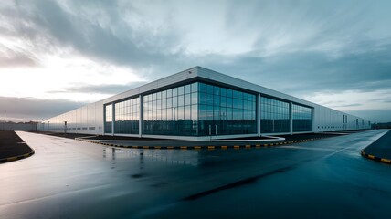 Fototapeta premium Modern Industrial Warehouse with Glass Windows and White Facade on a Wet Asphalt Surface