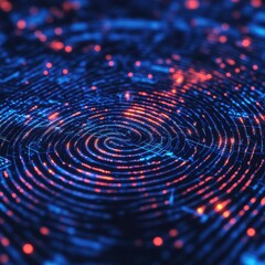 Abstract Fingerprint Pattern with Glowing Red and Blue Lines, Digital Identity, Security Concept, Biometric Authentication.
