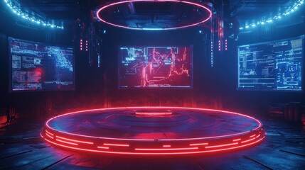 Futuristic Neon Red Glowing Platform in Sci-Fi Cyberpunk Interior.