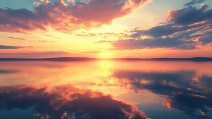 Fototapeta premium A stunning sunset over a tranquil river with reflections of the sky, leaving room for text. Ideal for relaxation, nature, or evening-themed designs.