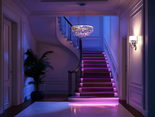 Purple Illuminated Staircase 3D Illustration