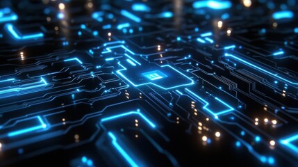 Obraz premium Abstract Futuristic Circuit Board with Glowing Blue Lines and Orange Lights