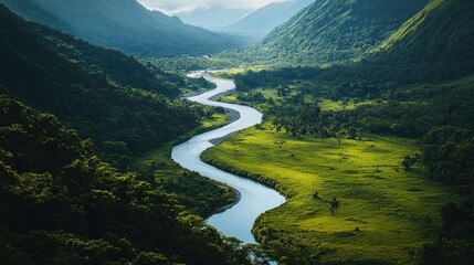 A stunning view of a winding river through a lush valley, leaving ample space for text. Perfect for nature, travel, or eco-tourism themes.