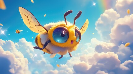 Obraz premium A cute cartoon bee with big blue eyes flies through a fluffy sky.